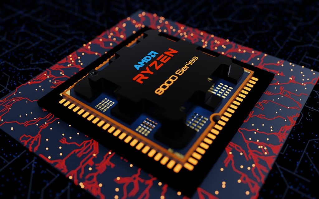AMD Ryzen 9000 Series processor showcasing intricate circuit board design with orange and red pathways against a dark background. High-performance CPU chip featuring advanced architecture, multiple cores, and cutting-edge semiconductor technology. Perfect for gaming, content creation, and professional workstations. The detailed macro shot highlights the precision engineering and innovation behind modern computing power.